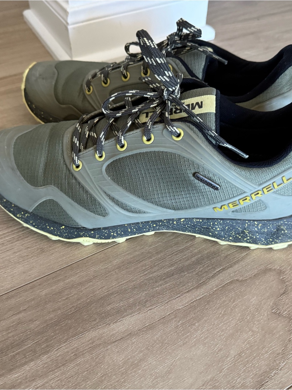 Merrell Women’s Olive Gray Trail Sneakers with Yellow Accents